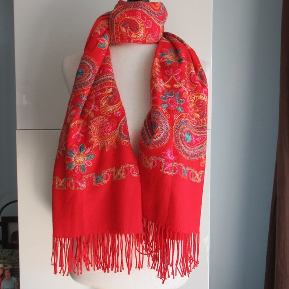 New Embroidered Pashmina Cashmere Wool Shawl Stole Wrap Scarf Throw 67x27" Red - Picture 6 of 13